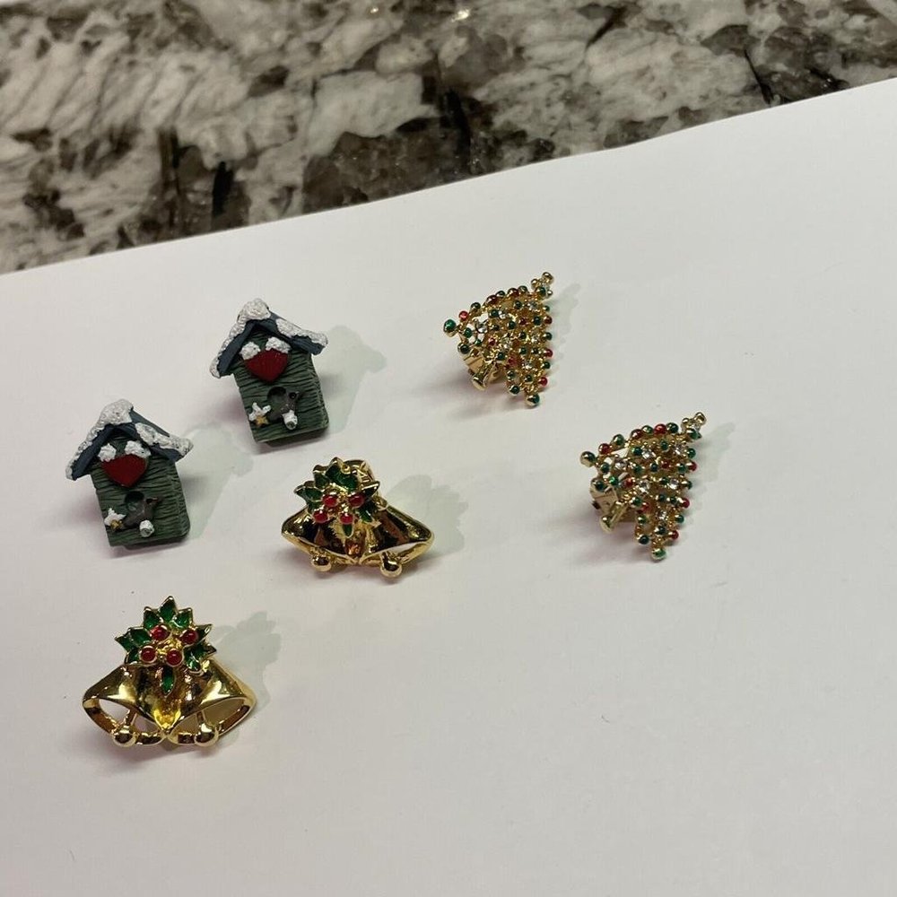 Lot Of 3 Christmas Holiday Clip On Clip-on Earrings Tree / Bells / Birdhouse